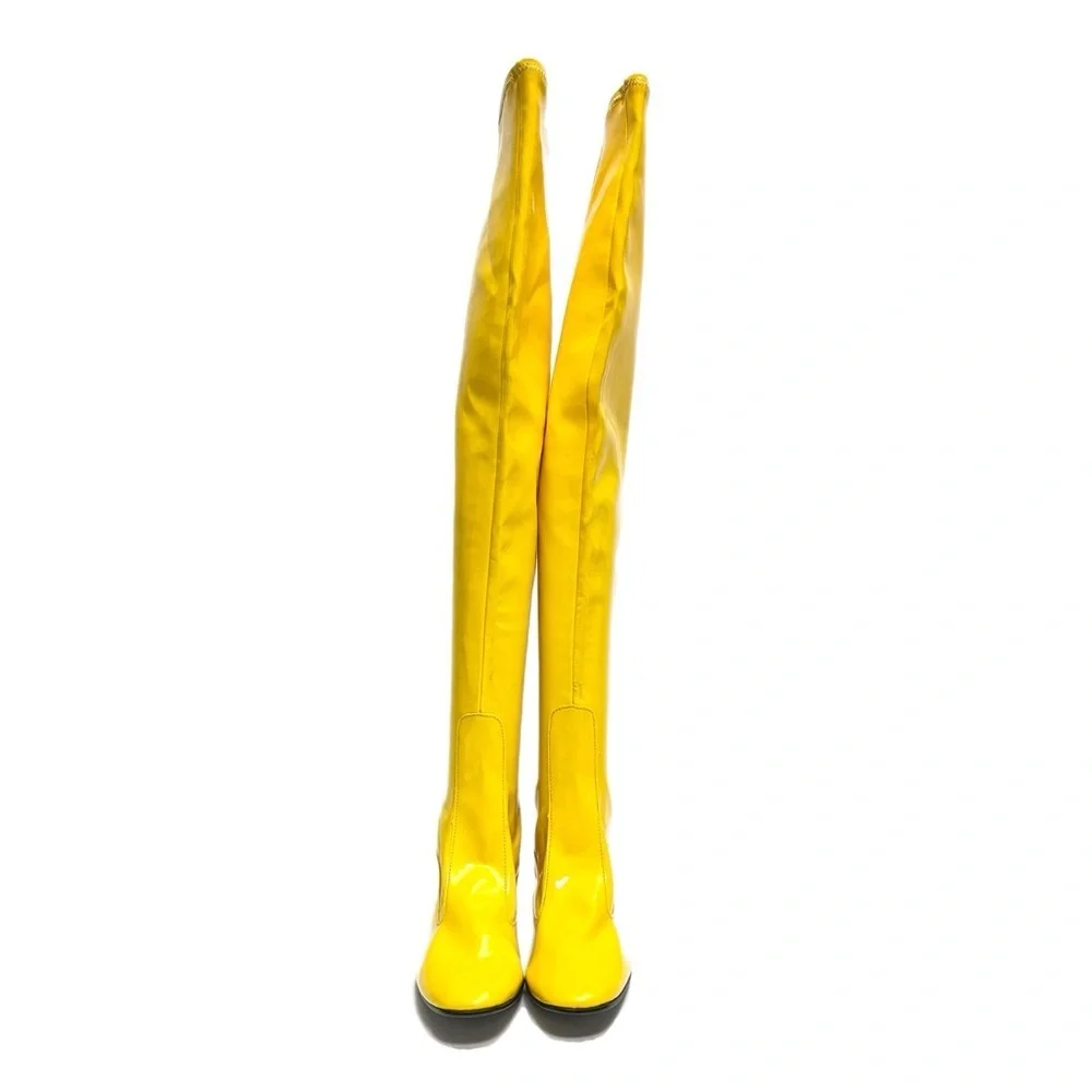 Vintage 1960s deadstock banana yellow vinyl over the knee pull on gogo boots